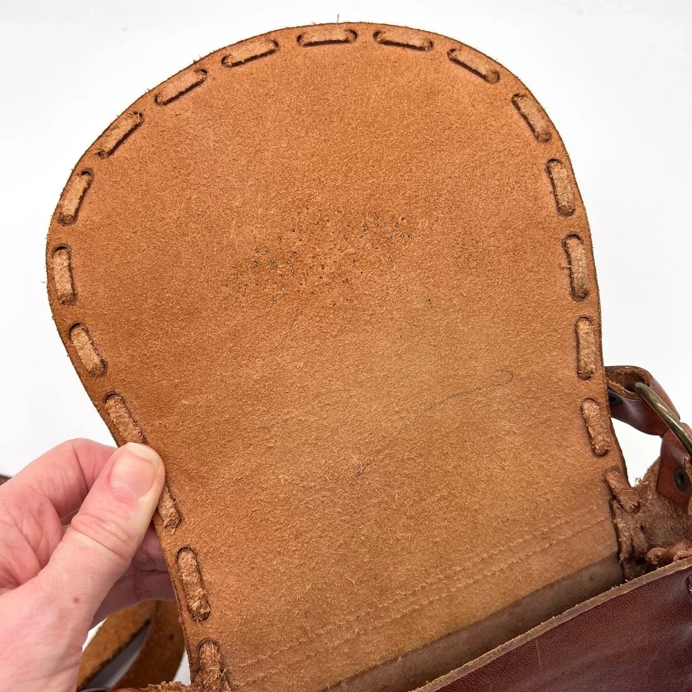 VINTAGE Leather Crossbody Bag Womens Small Brown Handmade Studs Jewels Stitched - Picture 8 of 12